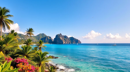 Panoramic view of beautiful tropical beach with palm trees and turquoise water