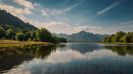 Panoramic view of a lake with mountains in the background.の写真素材