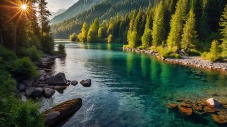 Mountain river with clear blue water and mountains in the background.の写真素材