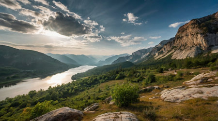 Beautiful summer landscape with lake and mountains. View from the top of the mountain.の写真素材