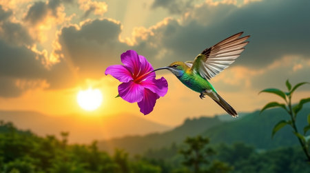 Hummingbird flying with flower and sunset in the background. Wildlife scene from nature.の写真素材