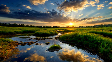 Sunset over a small river in the field. Beautiful summer landscape.の写真素材