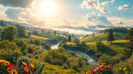Summer landscape in the mountains. Colorful flowers on the hillside.