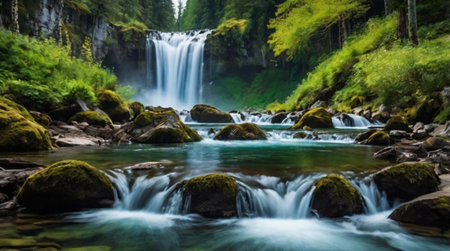 Beautiful waterfall in the forest. Waterfall in the mountains.の写真素材