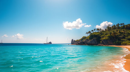 Tropical beach with turquoise water, white sand and blue skyの写真素材