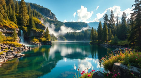 Mountain lake with clear water, reflection of mountains in the water.の写真素材