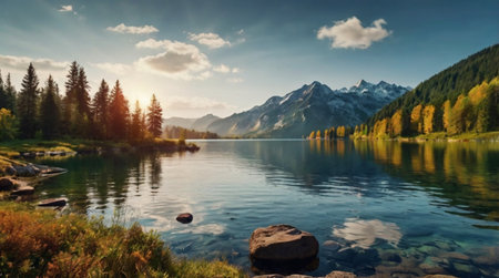 Panoramic view of the alpine lake. The concept of active, ecological and photo tourismの写真素材