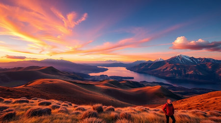 Man standing on the top of the mountain with beautiful sunset in the backgroundの写真素材