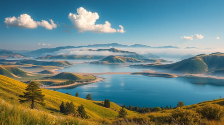 Mountain lake in the morning mist. Panoramic view.の写真素材