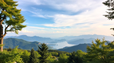 Beautiful view of the lake and mountains in the morning, South Koreaの写真素材