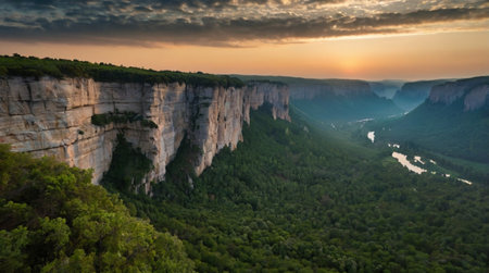 Panoramic view of the canyon of the Rhine at sunsetの写真素材