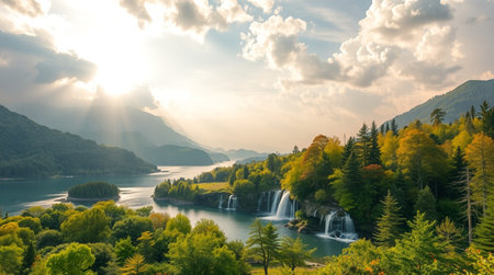 Panoramic view of a waterfall on the lake in Switzerland.の写真素材