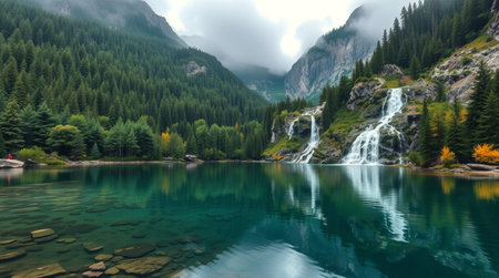 Waterfall in the mountains. Panoramic view of the mountain lake.の写真素材
