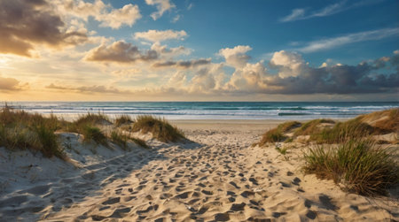 Panoramic view of a sandy beach with dunes at sunsetの写真素材