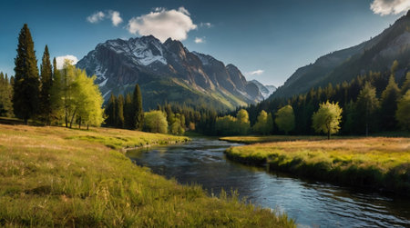 panoramic view of alpine meadow and mountain river.の写真素材