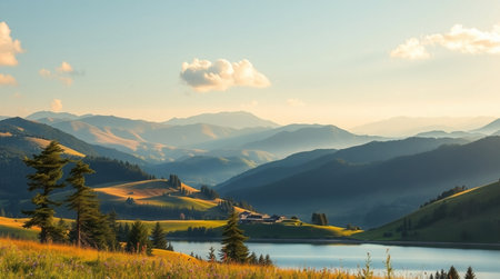 Panoramic view of alpine meadows and lake at sunset.の写真素材