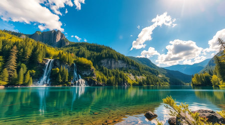 Beautiful view of a mountain lake with a waterfall in the background