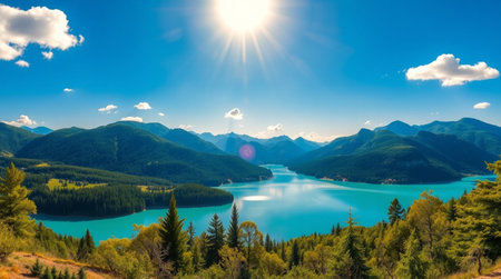 panoramic view of turquoise alpine lake in mountainsの写真素材