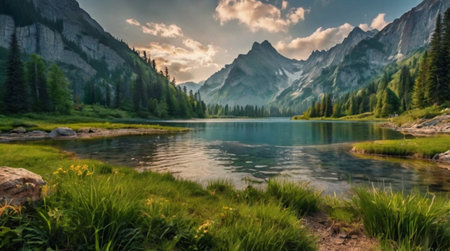 Mountain lake in the Dolomites, Italy. Panorama