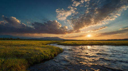 Sunset over a small river in the meadow with mountains in the backgroundの写真素材