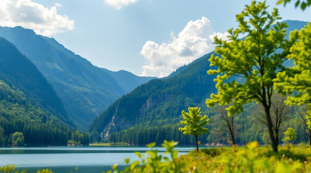 Beautiful summer landscape with mountains, lake, forest and blue sky