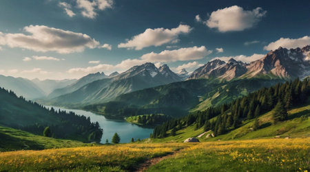 Panoramic view of the lake in the mountains. Summer landscapeの写真素材