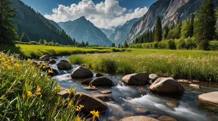 Mountain river in a valley with scenic landscapeの写真素材