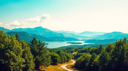 Panoramic view of the lake and the mountains. Beautiful summer landscape.