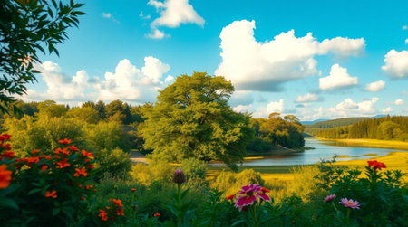 Beautiful summer landscape with lake, trees, flowers and blue skyの写真素材