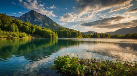 Beautiful alpine lake in the mountains at sunset. Dramatic sky.