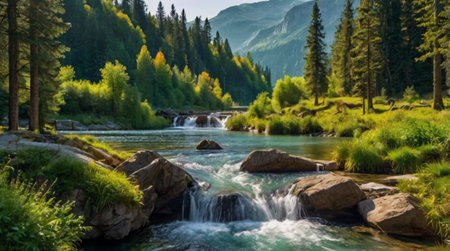 Mountain river in the mountains. Beautiful mountain landscape with a waterfallの写真素材