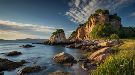 Beautiful seascape with rocks and green grass at sunset.の写真素材