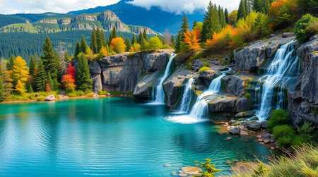 Waterfall in the mountains. Colorful autumn forest and mountain lake.の写真素材