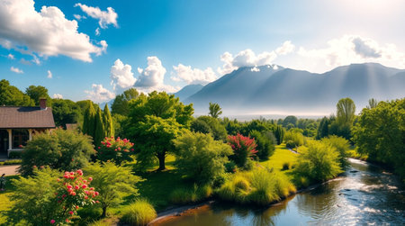 Panoramic view of the river and mountains on the background.の写真素材