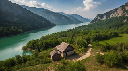 Aerial view of a small wooden house on the bank of a mountain lake.の写真素材