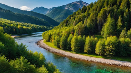 Panoramic view of mountain river and forest. Mountain landscape.の写真素材