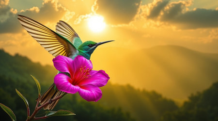 Hummingbird on a pink flower in the rays of the setting sunの写真素材