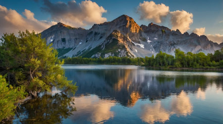 Beautiful mountain lake with reflection in the water at sunset, Dolomites, Italyの写真素材
