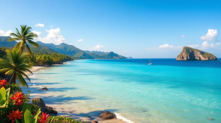 Panoramic view of beautiful tropical beach on Seychellesの写真素材