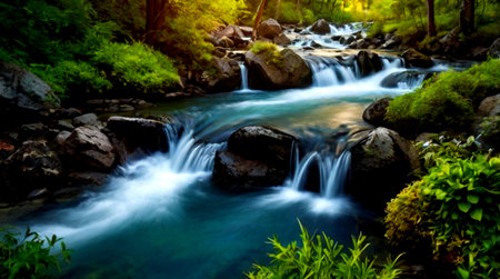 Waterfall in the forest. Beautiful nature scene with flowing water.の写真素材