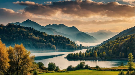 Autumn landscape with lake and mountains at sunset. Beautiful nature scenery.の写真素材