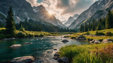 Panoramic view of the mountain river in the Dolomitesの写真素材