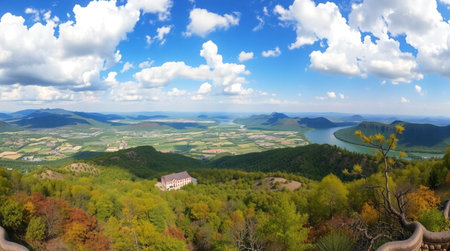 Panoramic view of the mountains and the lakeの写真素材