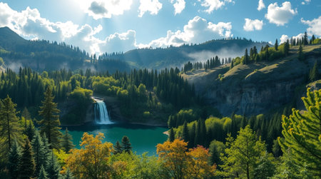 Waterfall in the mountains. Nature landscape of the mountain lake.の写真素材