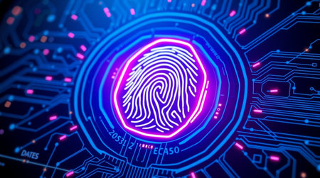 Fingerprint scan on blue circuit board background. Security concept. 3D Renderingの写真素材