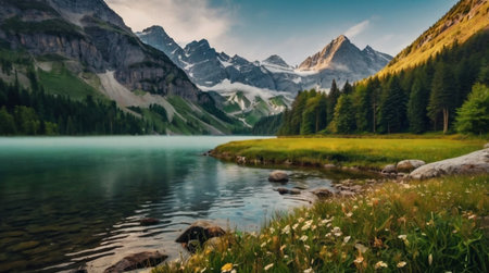 Panoramic view of Lake Misurina in the Italian Dolomitesの写真素材