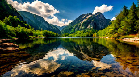 panoramic view of alpine lake with reflection of mountains in water