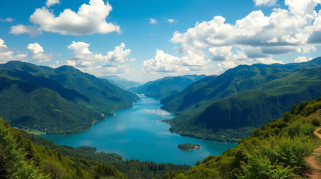 Panoramic view of the lake in mountains. Summer landscape.