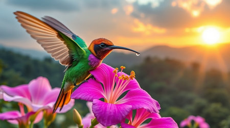 Beautiful hummingbird flying near pink hibiscus flower with sunset backgroundの写真素材