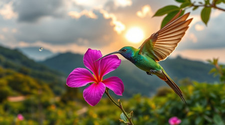 Hummingbird flying with pink flower in the background at sunrise.の写真素材